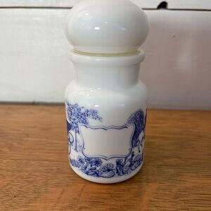 Vintage Blue Transferware Milk Glass Apothecary Jar White